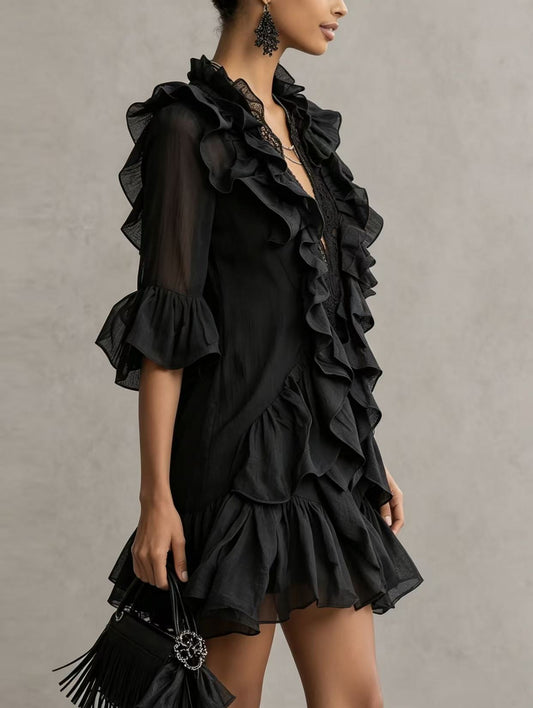 V-neck flared sleeve ruffled mini dress - black