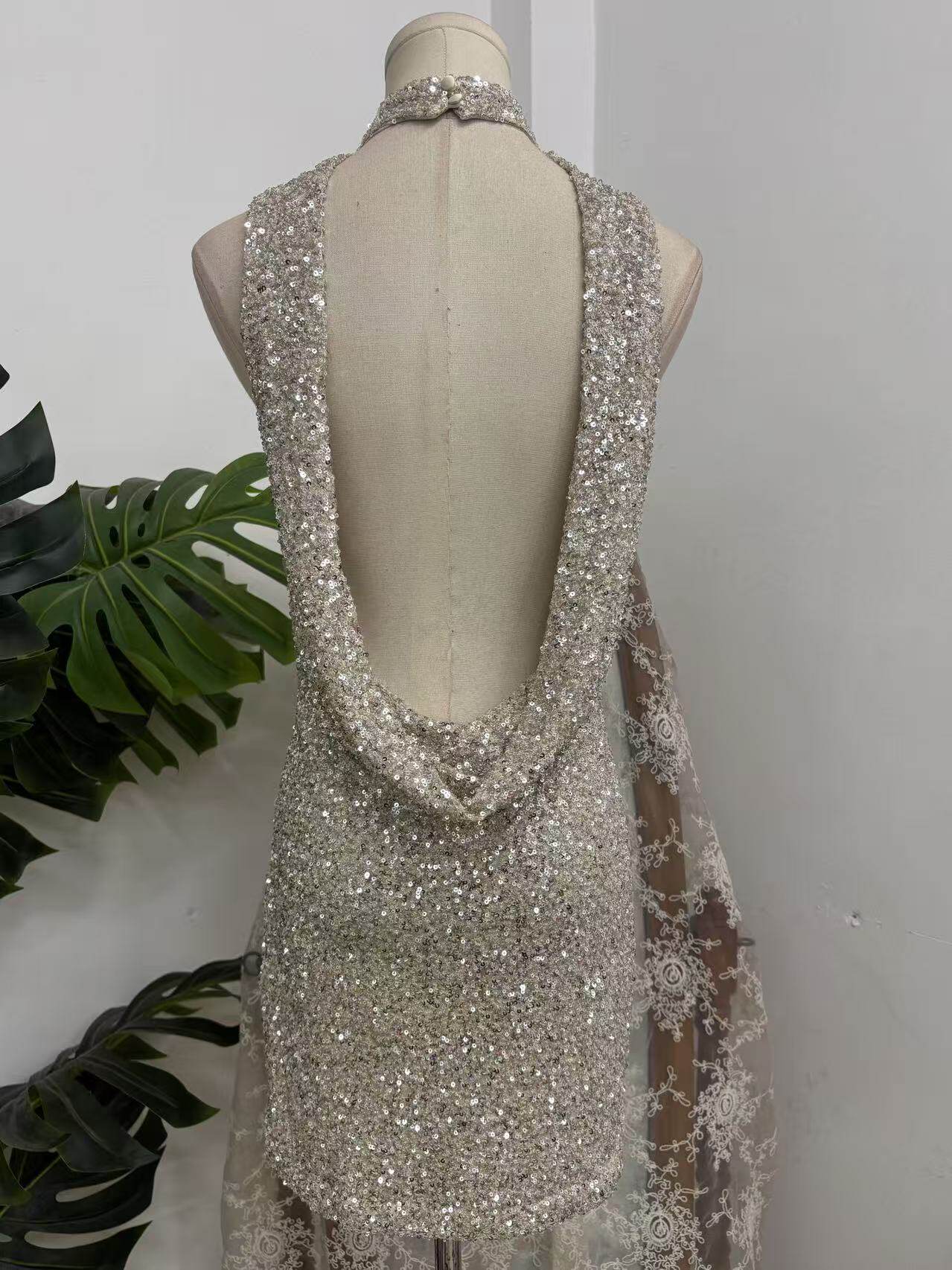 Silver Halter Cowl Back Sequin Bodycon Mini Dress