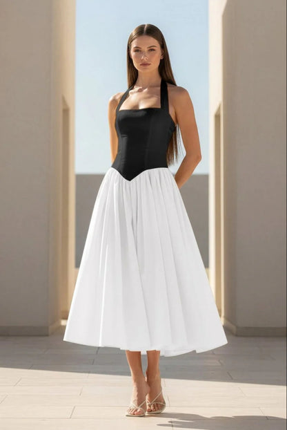 black and white Halter Strappy Backless midi Dress