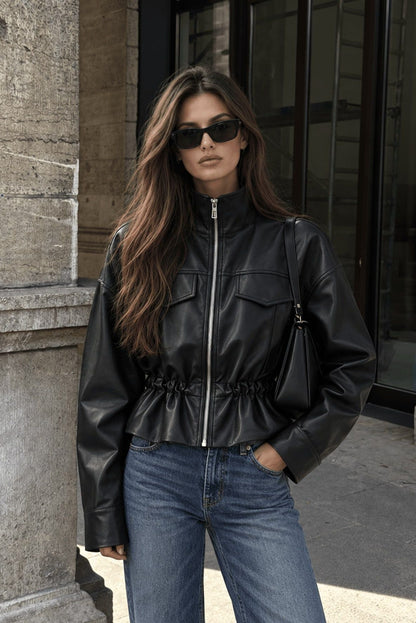 Black Ruched-Waist PU Pilot Jacket