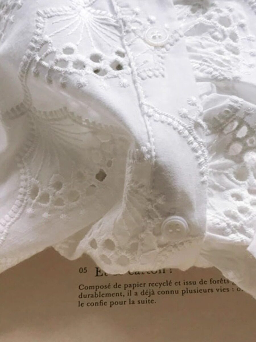 White Embroidered Hollow Ruffle Stand Collar Single-Breasted  Shirt