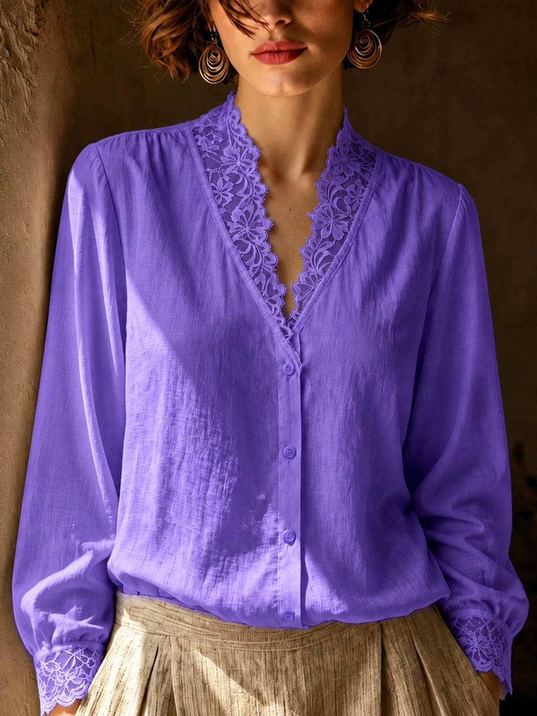 French-style V-neck Lace-panel Blouse