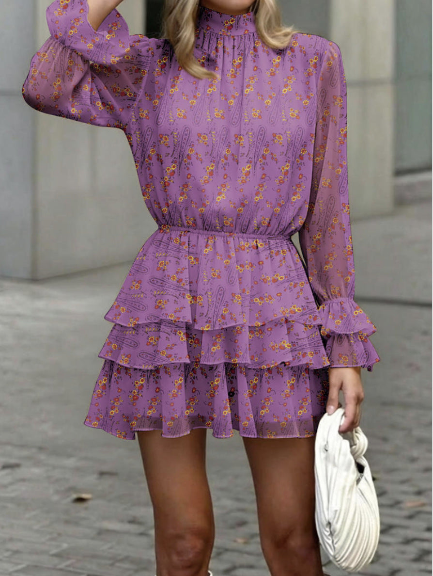 Layered turtleneck long-sleeved floral print mini dress