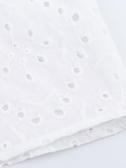 White Lap-up Collar Puffy Sleeve Hollow Embroidered Shirt