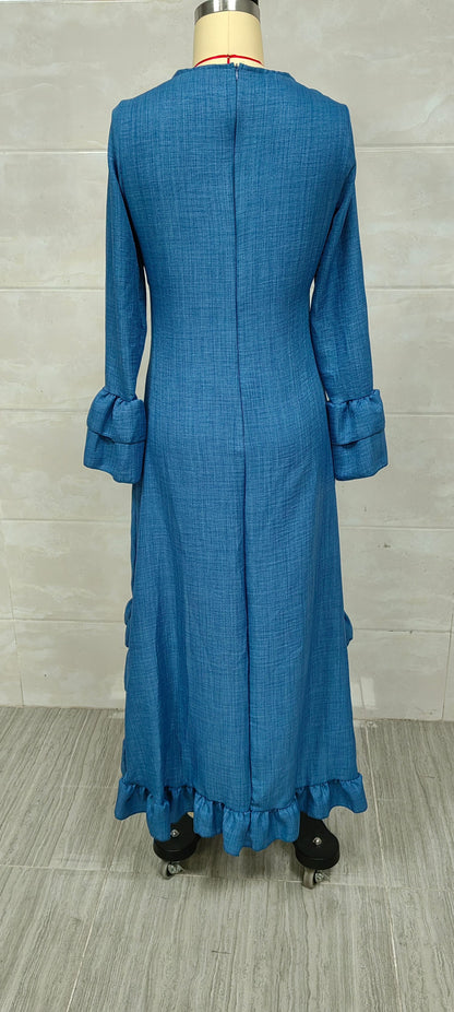 Bohemian-style ruffled asymmetrical V-neck maxi dress