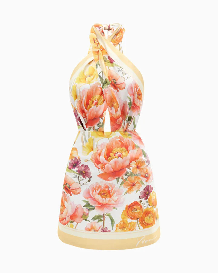Halter-neck cut-out bodycon mini dress with watercolor print