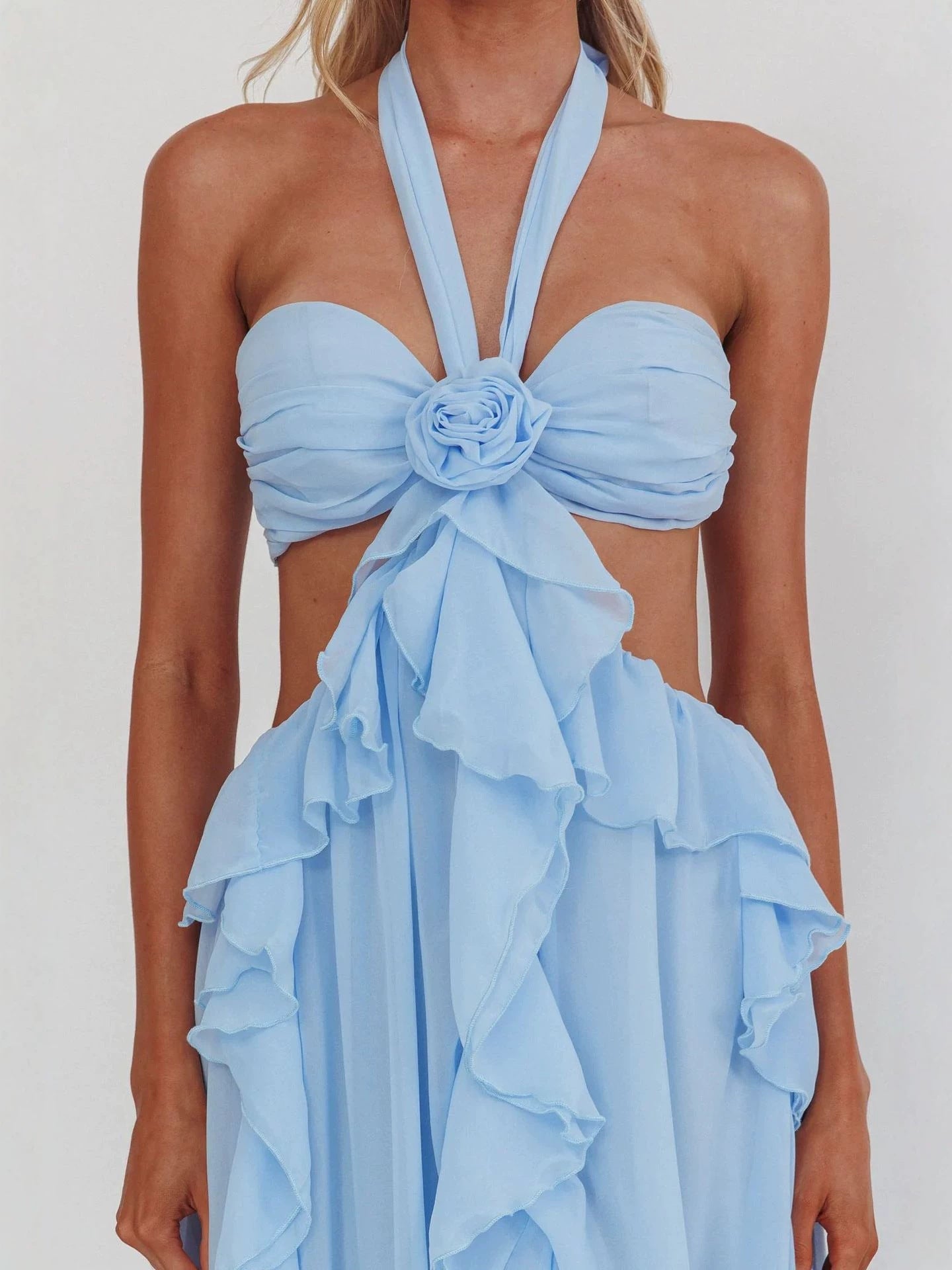 blue Ruffle Strapless Long Chiffon Dress