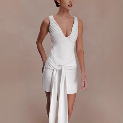 white halterneck deep V-neck streamer dress