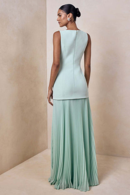 green pleated sleeveless swing dress