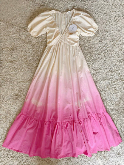 V-neck  tie-dye gradient maxi dress