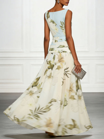 Floral Print Ruched Sleeveless A-Line Maxi Dress