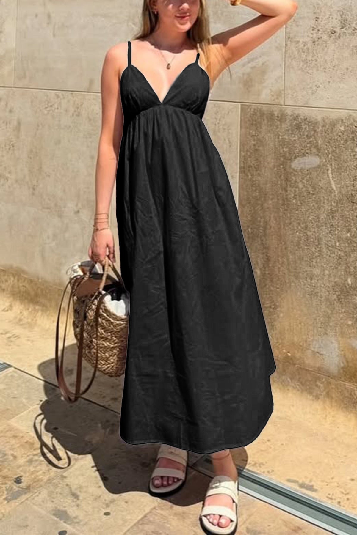 black suspender deep V high-waisted loose dress