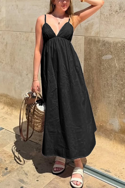 black suspender deep V high-waisted loose dress