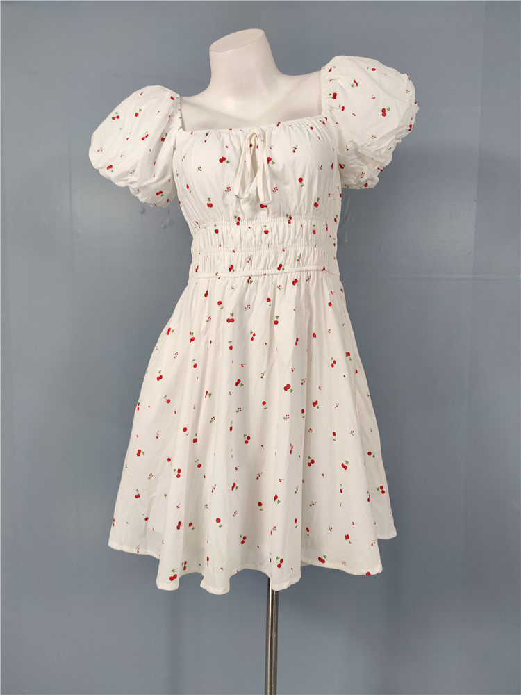 white cherry print short sleeve mini dress