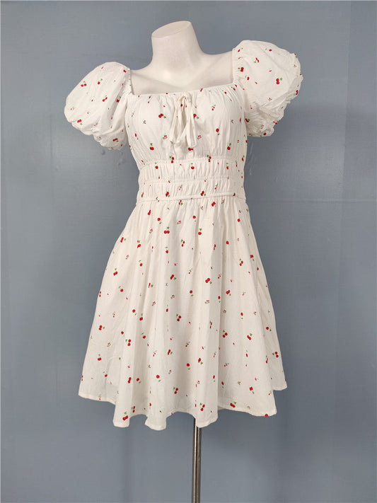 white cherry print short sleeve mini dress
