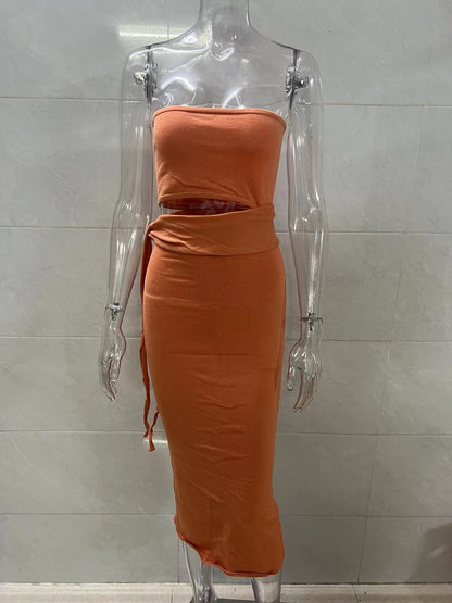 orange cut-out backless bandeau lace-up knitted dress