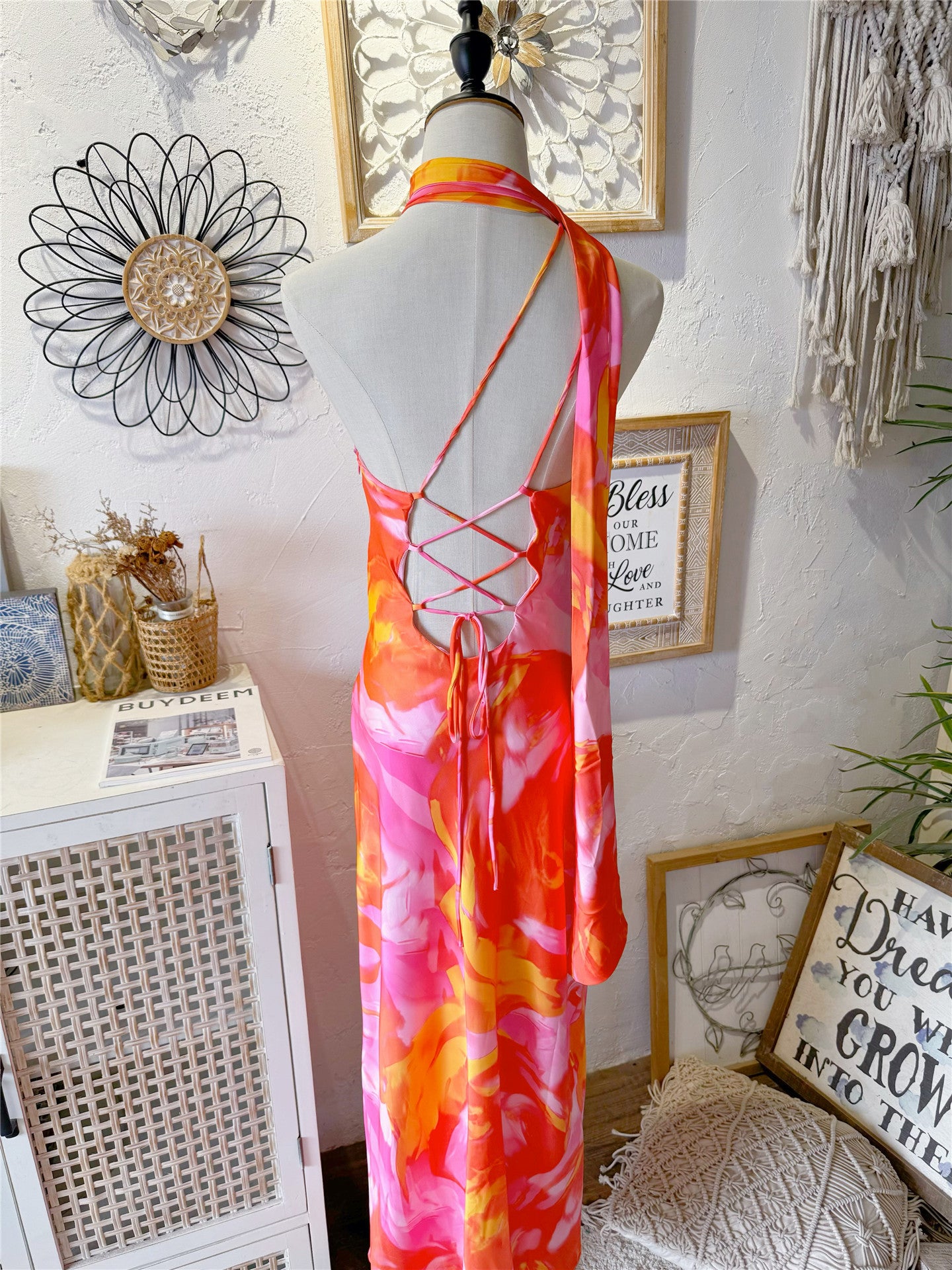 ribbon satin silky lace-up backless dress