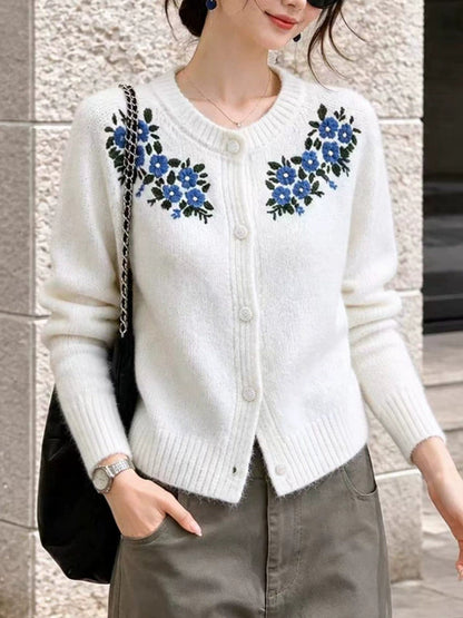 Vintage Embroidered Floral Crew-neck Cardigan