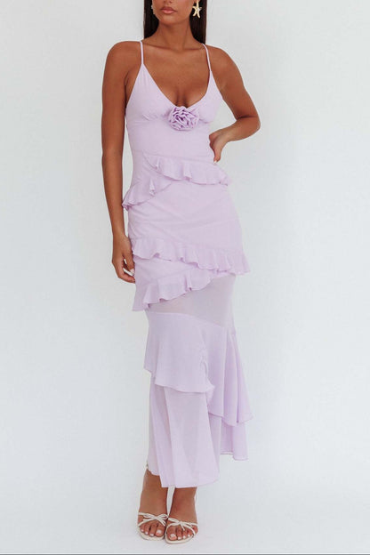 purple backless suspender ruffled dress