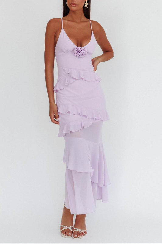 purple backless suspender ruffled dress