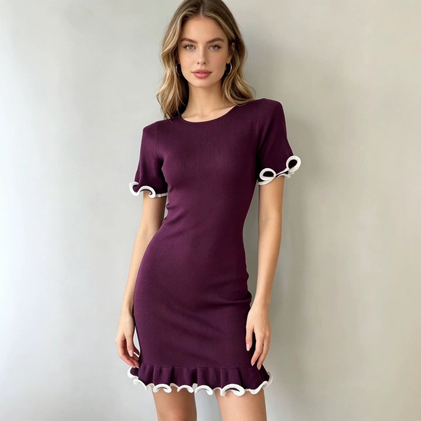 Ruffled Short-Sleeve Knit Dress with Rolled Cuffs