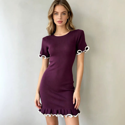 Ruffled Short-Sleeve Knit Dress with Rolled Cuffs