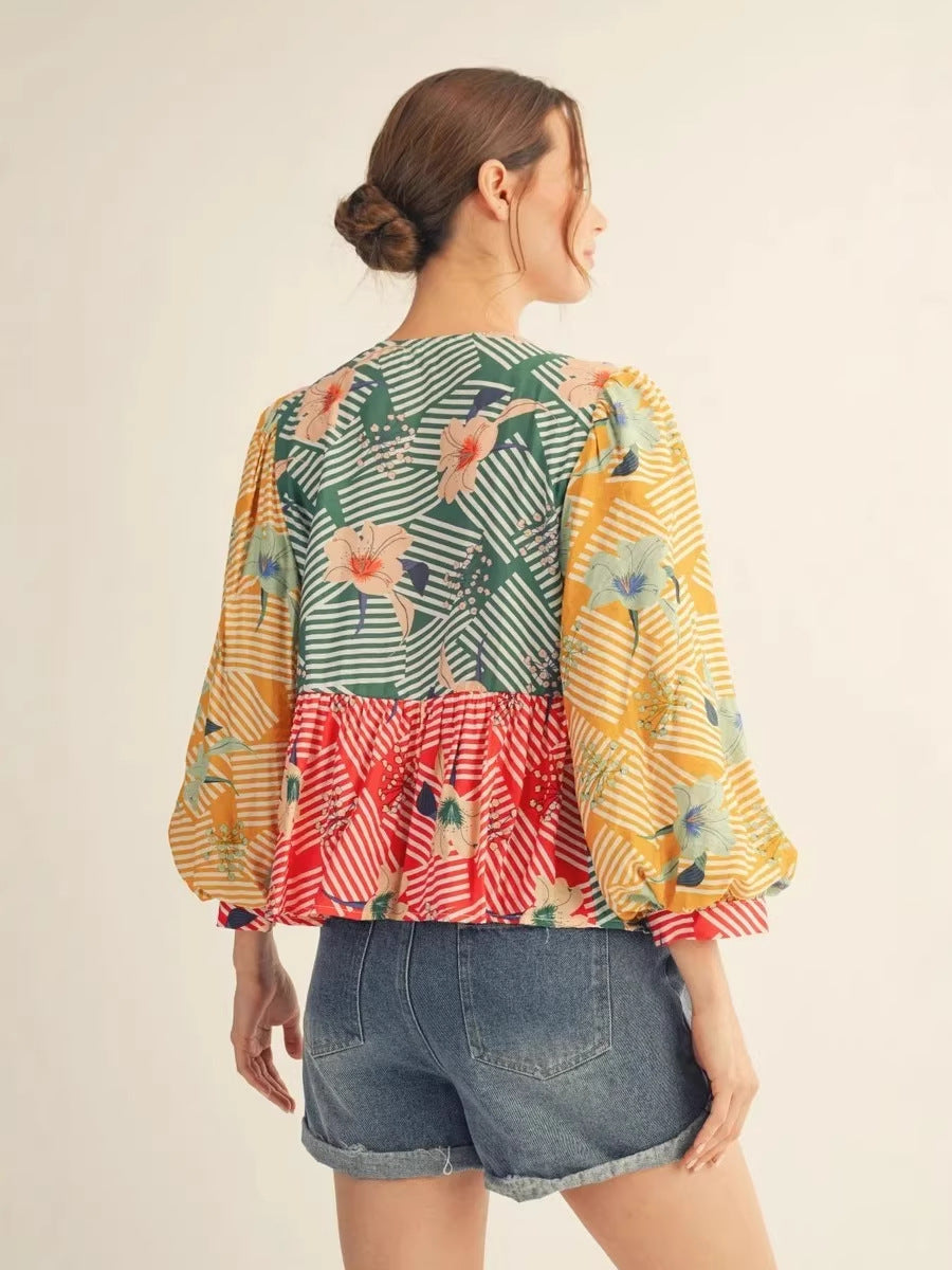 Bohemian floral stripe patchwork tie front puff sleeve top