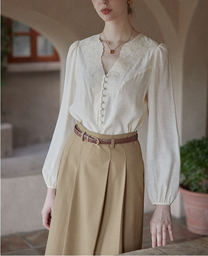 white Embroidery V-Neck French Retro Chic Shirt