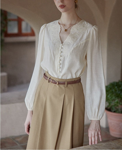 white Embroidery V-Neck French Retro Chic Shirt
