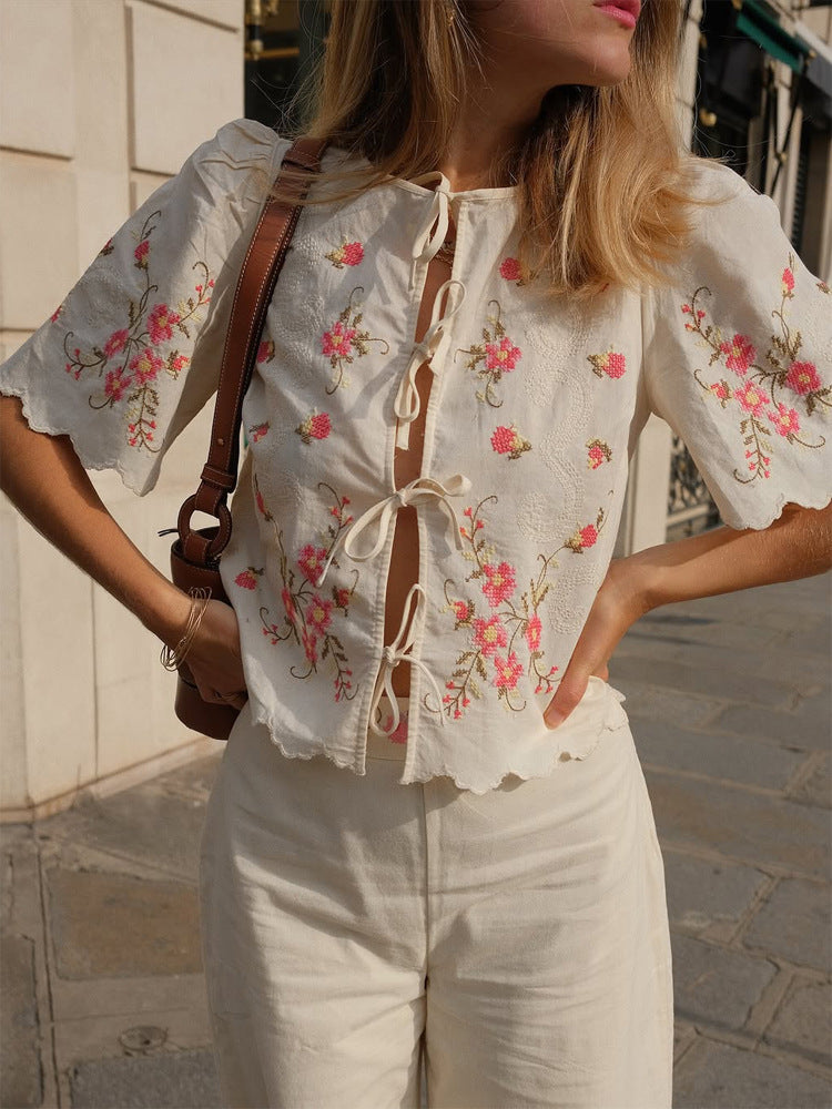 embroidery with flush edge short top