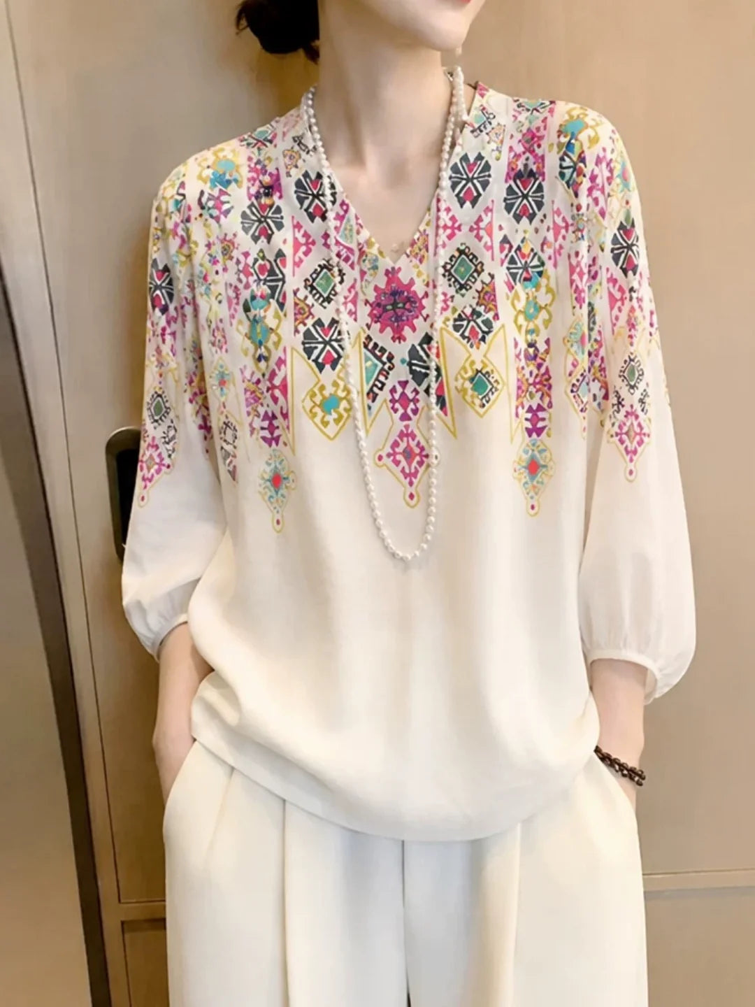 Printed V-neck Lantern-sleeve Shirt
