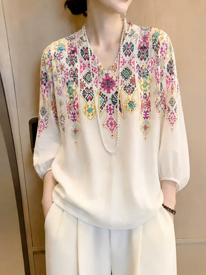 Printed V-neck Lantern-sleeve Shirt
