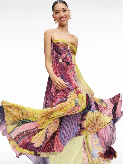 Floral print pleated strapless slip maxi dress