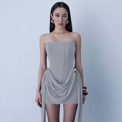 grey open back bandeau streamer mini dress