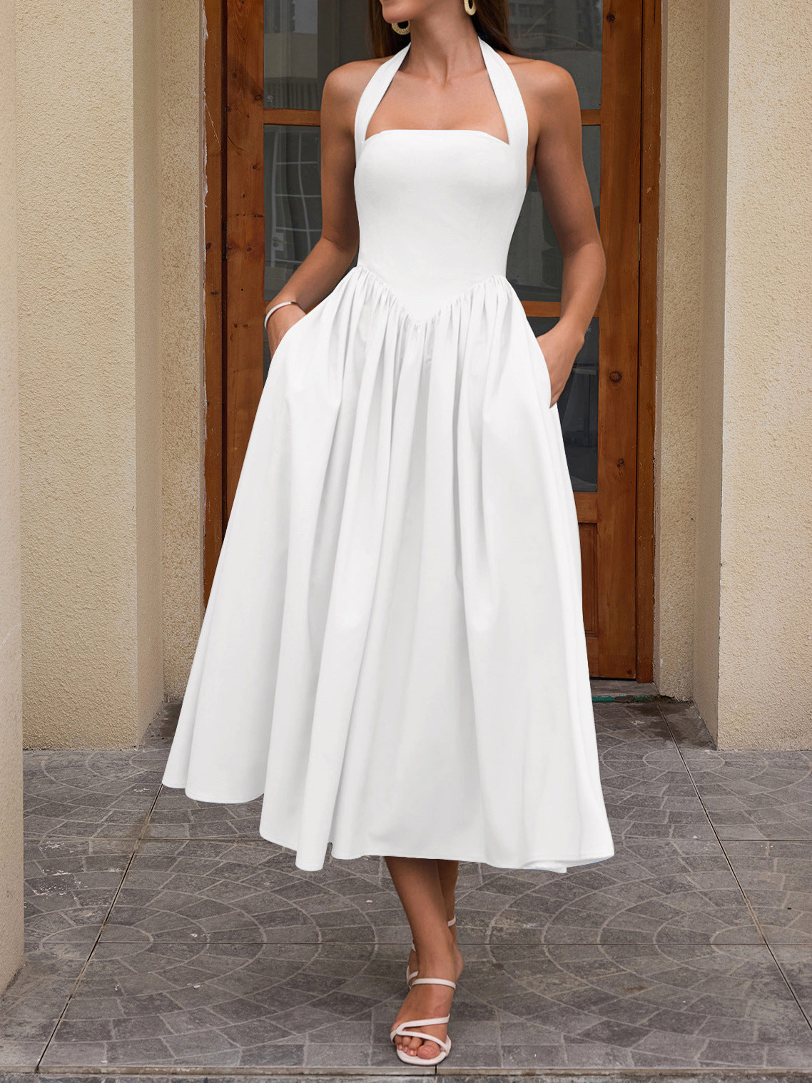 white halterneck strap backless midi dress