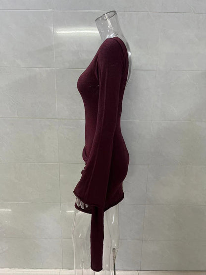 brown long sleeve knitted mini dress