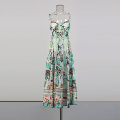 Bohemian print ruffled hem maxi dress - green