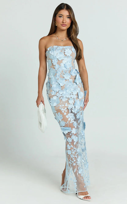 blue three-dimensional flower bandeau maxi dress