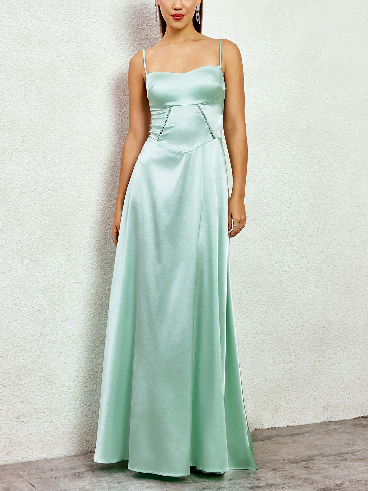 green matte satin backless slip dress