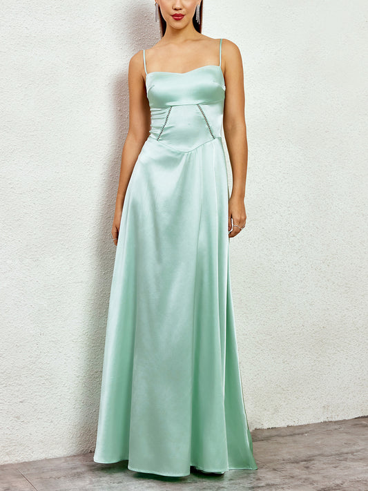 green matte satin backless slip dress