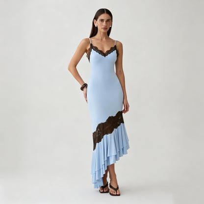 blue V-neck camisole maxi dress with asymmetrical lace splicing & cut-out