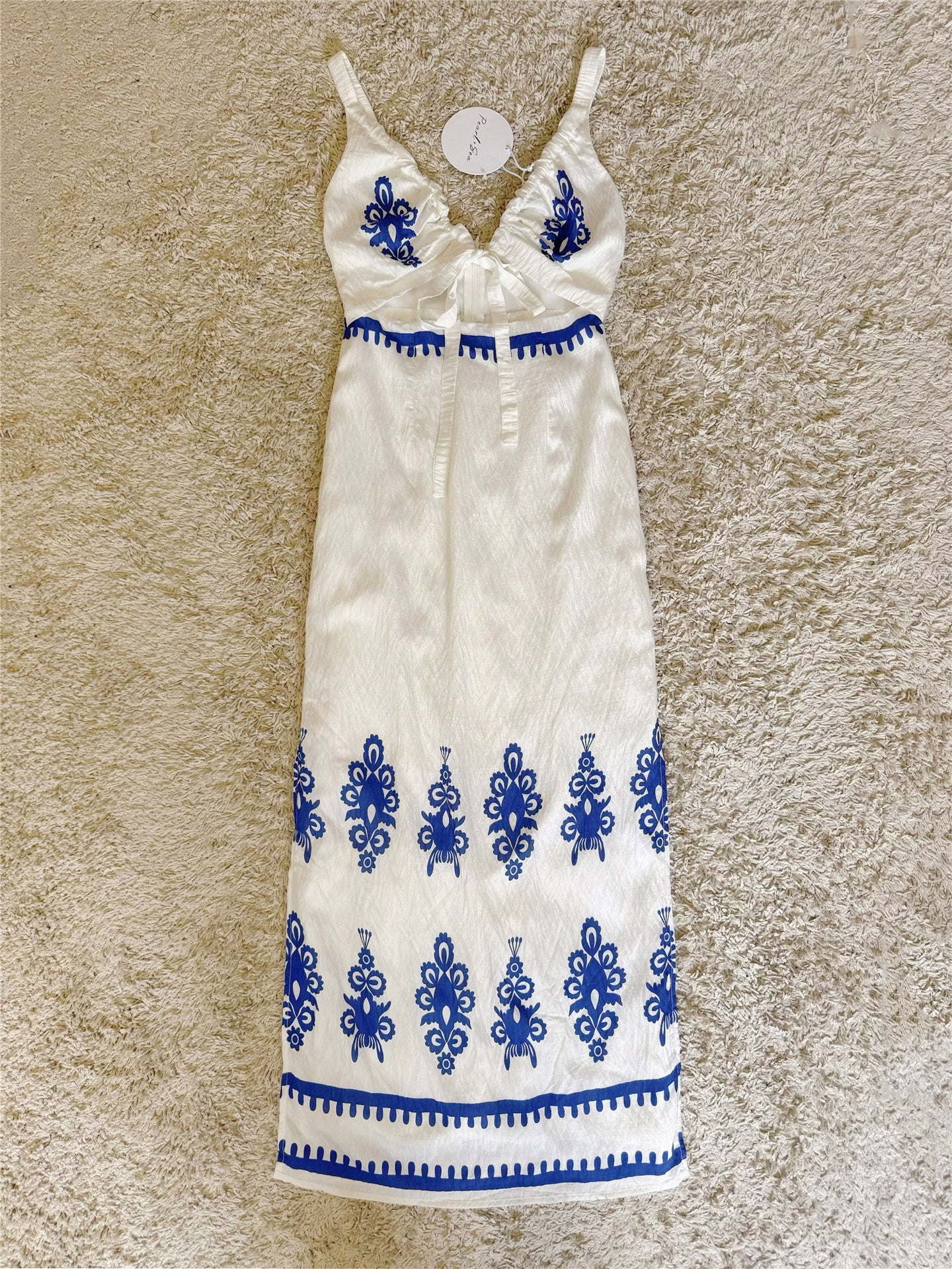 Front Tie V-Neck Ethnic Blue Print Spaghetti Strap Midi Dress