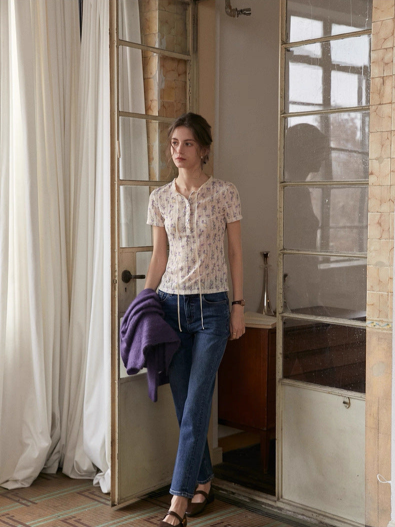 Floral Knit Short Sleeve Lace Collar Top