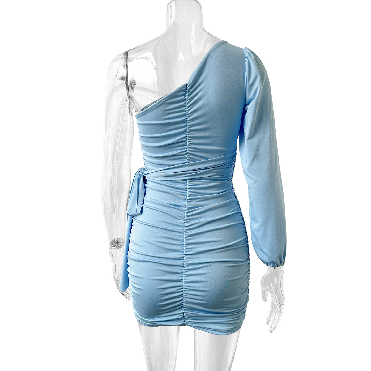 Asymmetrical neckline off-shoulder long-sleeved tie-up pleated mini dress