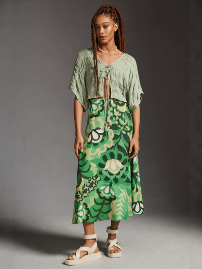 Resort-style floral printed A-line midi skirt