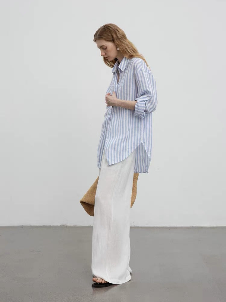 blue and white Linen-Dyed Relaxed Silhouette Striped Shirt