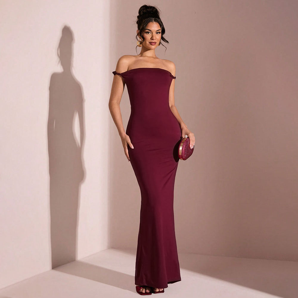 merry red Off-the-shoulder backless maxi dress