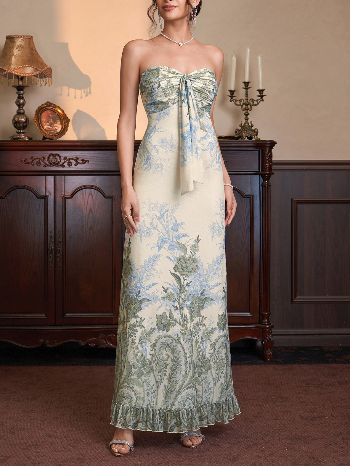 green mesh print strapless back ruffled embroidered dress