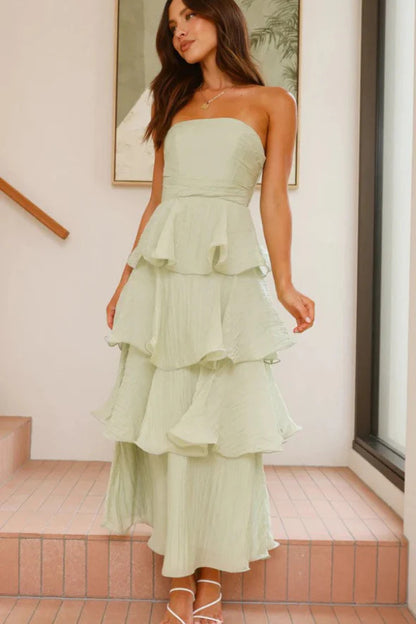 Boned strapless backless tiered midi dress