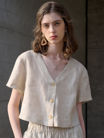 Linen cropped V-neck shirt for summer